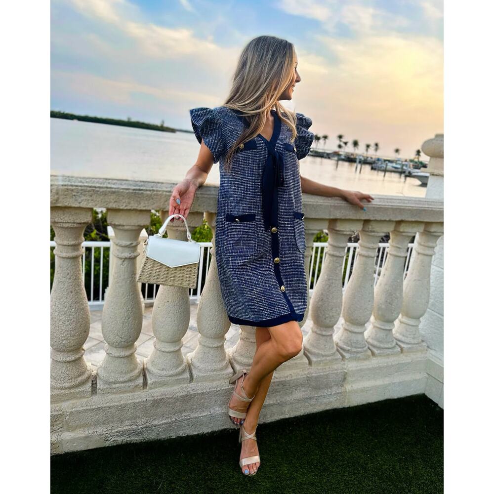 TWEED BOW BUTTON DRESS, NAVY SZ XL NEW W TAGS. Sold out style! 🎉 - Picture 3 of 7